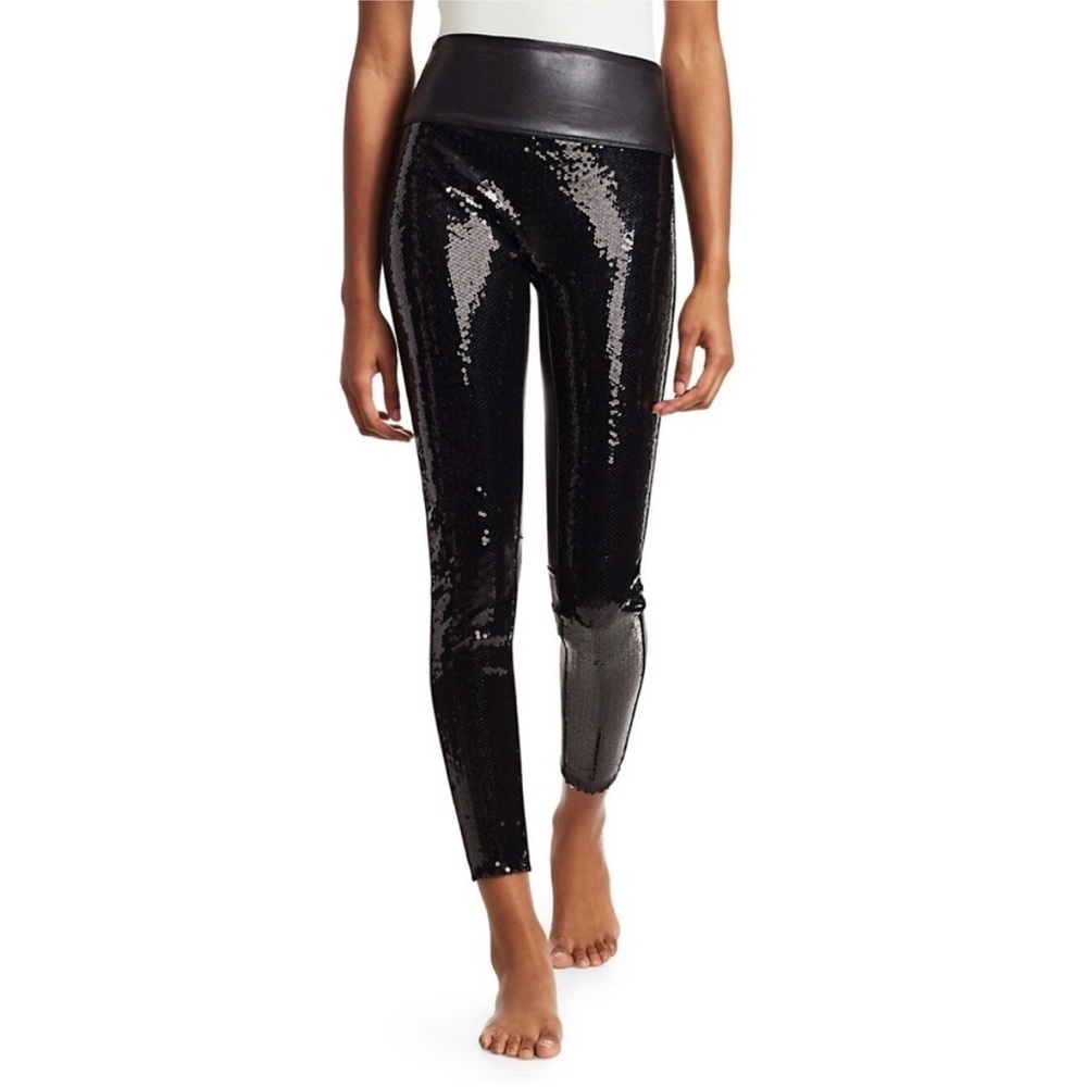 SPANX Sequin Faux Leather Leggings small New Years Eve Sparkle Celebrate Party